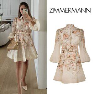 NWOT $895 Zimmermann Illustration Buttoned Linen Mini Dress Cream Floral